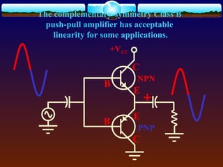 C
B
C
B
E
E
+VCC
The complementary-symmetry Class B
push-pull amplifier has acceptable
linearity for some applications.
NPN
PNP
 