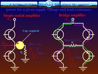 Cap. required
+VCC
RL
RL
+VCC
Single-ended amplifier
A bridge-tied load provides four times the output
power for a given supply voltage and load resistance.
+VCC
2
Max.
Max. = VCC
Bridge amplifier
Max. = 2 x VCC
Max.
 