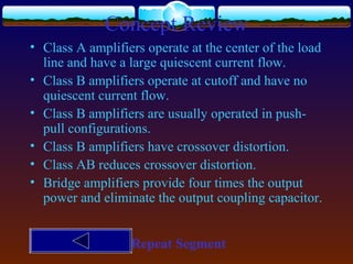 Concept Review
• Class A amplifiers operate at the center of the load
line and have a large quiescent current flow.
• Class B amplifiers operate at cutoff and have no
quiescent current flow.
• Class B amplifiers are usually operated in push-
pull configurations.
• Class B amplifiers have crossover distortion.
• Class AB reduces crossover distortion.
• Bridge amplifiers provide four times the output
power and eliminate the output coupling capacitor.
Repeat Segment
 