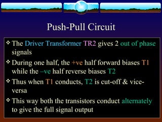 Push-Pull Circuit
 The Driver Transformer TR2 gives 2 out of phase
signals
 During one half, the +ve half forward biases T1
while the –ve half reverse biases T2
 Thus when T1 conducts, T2 is cut-off & vice-
versa
 This way both the transistors conduct alternately
to give the full signal output
 