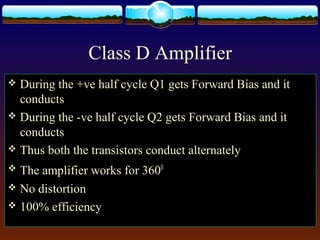 Class D Amplifier
 During the +ve half cycle Q1 gets Forward Bias and it
conducts
 During the -ve half cycle Q2 gets Forward Bias and it
conducts
 Thus both the transistors conduct alternately
 The amplifier works for 3600
 No distortion
 100% efficiency
 