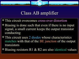 Class AB amplifier
 This circuit overcomes cross-over distortion
 Biasing is done such that even if there is no input
signal, a small current keeps the output transistor
conducting
 This circuit uses 2 diodes whose characteristics
matches with that of the BE junction of the output
transistors
 Biasing resistors R1 & R2 are also identical values
 