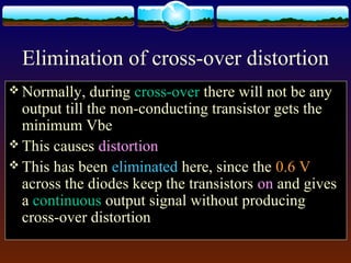 Elimination of cross-over distortion
 Normally, during cross-over there will not be any
output till the non-conducting transistor gets the
minimum Vbe
 This causes distortion
 This has been eliminated here, since the 0.6 V
across the diodes keep the transistors on and gives
a continuous output signal without producing
cross-over distortion
 
