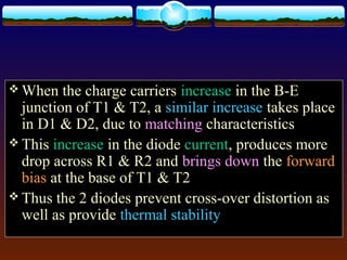  When the charge carriers increase in the B-E
junction of T1 & T2, a similar increase takes place
in D1 & D2, due to matching characteristics
 This increase in the diode current, produces more
drop across R1 & R2 and brings down the forward
bias at the base of T1 & T2
 Thus the 2 diodes prevent cross-over distortion as
well as provide thermal stability
 