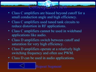 Concept Review
• Class C amplifiers are biased beyond cutoff for a
small conduction angle and high efficiency.
• Class C amplifiers used tuned tank circuits to
reduce distortion in RF applications.
• Class C amplifiers cannot be used in wideband
applications like audio.
• Class D amplifiers switch between cutoff and
saturation for very high efficiency.
• Class D amplifiers operate at a relatively high
switching frequency and often use PWM.
• Class D can be used in audio applications.
Repeat Segment
 