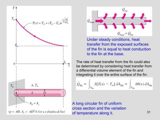 31
A long circular fin of uniform
cross section and the variation
of temperature along it.
Under steady conditions, heat
transfer from the exposed surfaces
of the fin is equal to heat conduction
to the fin at the base.
The rate of heat transfer from the fin could also
be determined by considering heat transfer from
a differential volume element of the fin and
integrating it over the entire surface of the fin:
 