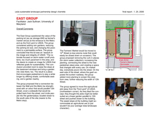 14
usda sustainable landscape partnership design charrette final report . 1. 25. 2008
EAST GROUP
Facilitator: Jack Sullivan, University of
Maryland
Overall Comments
The East Group questioned the value of the
parking lot (as car storage AND as farmer's
market venue) at the entrance to the Metro
and as the front yard to USDA. The group
considered adding rain gardens, reducing
the parking lot size, and changing the pave-
ment to a permeable surface. The group
concluded that the lot was an “assault on
the image and integrity of USDA.” The ra-
tionale focused on storm water runoff prob-
lems, too much pavement in the area, and
the desire to create an image for USDA that
reflected goals for sustainability. This con-
clusion provided room to ease the slope at
the basement windows and bring a garden
into view there, too. The result is a place
that encourages pedestrians to stay a while
longer by offering shade, comfortable seat-
ing, and a garden nearby.
The group proposed that a connection be-
tween the Mall and the Metro be strength-
ened with an arbor that would parallel 12th
Street, cover a sidewalk that would be
pulled back from the street, and invite peo-
ple into the garden/plaza, located closer to
the south side of the site (nearer to the
Metro stop).
The Farmers' Market would be moved to
12th
Street (a low-volume route that could
easily be closed down on occasion). The
group proposed removing the curb in places
(for storm water collection), increasing the
planting, connecting the street to the new
pedestrian plaza area, and creating a space
that changes with every use. On market
day, everybody pours into the street. On the
east side of the street, where the gash ex-
poses the sunken roadway, the group
added more planting to screen this area
from view, further reducing the width of 12th
Street.
The group agreed to move the agricultural
plot away from the "front yard" of USDA
(northeastern corner). As they liked the con-
cept, they thought the plots might be better
suited as a linear garden parallel to 12th
street and pushed closer to the building.
The eased slope at the building might ac-
commodate an agricultural use (it just
wouldn't be your average Iowa landscape
character).
 