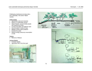 15
usda sustainable landscape partnership design charrette final report . 1. 25. 2008
Challenging maintenance but less obtru-
sive, especially in the winter "fallow"
months.
Goals include:
• Appropriate scale and character
• Plants in a sustainable manner
• Attract People—accommodate people
with seating and shade
• Connect the edges and adjacent uses
• Accommodate a variety of uses
• Mitigate surface water problems
• Educate the public
• Reduce energy (resource) consumption
on site
Parking
• Remove or Reduce
Farmers Market
• Increase visibility
• Agriculture Plot in the front yard
 