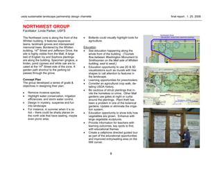 8
usda sustainable landscape partnership design charrette final report . 1. 25. 2008
NORTHWEST GROUP
Facilitator: Linda Parker, USFS
The Northwest zone is along the front of the
Whitten building. It features expansive
lawns, landmark groves and interspersed
memorial trees. Bordered by the Whitten
building, 14th
Street and Jefferson Drive, the
site is highly visible from the Mall. A large
bed of English Ivy and Sophora plantings
are along the building. Specimen gingkos, a
linden, pond cypress and white oak are lo-
cated at the 14th
Street side of the zone. A
garden path shortcut to the parking lot
passes through the grove.
Concept Plan
The group developed a series of goals &
objectives in designing their plan:
• Remove invasive species.
• Highlight water conservation, irrigation
efficiencies, and storm water control.
• Design in mystery, suspense and fun
into landscape
• For instance, in summer when it is so
hot – there could be shady places on
the north side that have seating, maybe
even picnic area.
• Bollards could visually highlight tools for
agriculture.
Education
• See education happening along the
whole front of the building. (Tourists
flow between Washington Monument to
Smithsonian on the Mall side of Whitten
building, east to west.)
• Education opportunity to use 2D & 3D
visualizations such as murals with tree
shapes to call attention to features in
the landscape.
• Learning opportunities for preschoolers.
• Consider an agricultural crop walk, de-
tailing USDA history.
• Be cautious of shrub plantings that in-
vite the homeless or crime. Other Mall
gardens use gates at night or curbs
around the plantings. Plant theft has
been a problem in one of the botanical
gardens. Update or eliminate the irriga-
tion system.
• Education opportunity to show kids how
vegetables are grown. Enhance with
large vegetable sculptures.
• Provide information for teachers with
learning outcomes, key spots to find,
with educational themes
• Create a cellphone directed guided tour
as part of the educational opportunities
and improved entry/waiting area on the
NW corner.
 