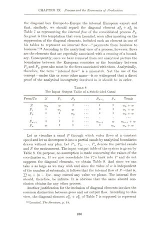 CHAPTER IX Process and the Economics of Production
the diagonal box Europe-to-Europe the internal European export and
that, similarly, we should regard the diagonal element xf2 + *n
Table 7 as representing the internal flow of the consolidated process P0.
So great is this temptation that even Leontief, soon after insisting on the
suppression of the diagonal elements, included such an element in one of
his tables to represent an internal flow—“payments from business to
business.”78 According to the analytical view of a process, however, flows
arc the elements that are especially associated with a crossing of a bound¬
ary. Consequently, once we have removed from our analytical picture the
boundaries between the European countries or the boundary between
Px and P2, gone also must be the flows associated with them. Analytically,
therefore, the term “internal flow” is a mismatch. Yet the use of the
concept—under this or some other name—is so widespread that a direct
proof of the analytical incongruity involved in it should be in order.
TABLE 8
The Input Output Table of a Subdivided Canal
From/To Totals
N Pi P2 Pn-1 Pn
N w0 + w
wx + w
W2 + w
w0 w
Pi * *
W1 w
p2 w2
Pn-1 * Wn-1 + w
wn + w
™n-l w
Pn wn
W
Let us visualize a canal P through which water flows at a constant
speed and let us decompose it into n partial canals by analytical boundaries
drawn without any plan. Let Px, P2, •• •, Pn denote the partial canals
and N the environment. The input-output table of the system is given by
Table 8. On purpose, no assumption is made concerning the values of the
coordinates wt. If we now consolidate the P/s back into P and do not
suppress the diagonal elements, wc obtain Table 9. And since we can
take n as large as we may wish and since the value of w is independent
of the number of subcanals, it follow’s that the internal flow of P—that is,
+ (n
— 1)w—may exceed any value we please. The internal flow
should, therefore, be infinite. It is obvious that the same absurd con¬
clusion obtains for any other process.
Another justification for the inclusion of diagonal elements invokes the
common distinction between gross and net output flow. According to this
viewr, the diagonal element zf2 + of Table 7 is supposed to represent
78 Leontief, The Structure, p. 18.
260
 