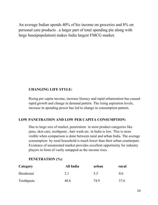 An average Indian spends 40% of his income on groceries and 8% on
personal care products . a larger part of total spending pie along with
large base(population) makes India largest FMCG market.




      CHANGING LIFE STYLE:

      Rising per capita income, increase literacy and rapid urbanization has caused
      rapid growth and change in demand pattern. The rising aspiration levels,
      increase in spending power has led to change in consumption pattern.


LOW PANETRATION AND LOW PER CAPITA CONSUMPTION:
      Due to large size of market, penetration in most product categories like
      jams, skin care, toothpaste , hair wash etc. in India is low. This is more
      visible when comparison is done between rural and urban India. The average
      consumption by rural household is much lower than their urban counterpart.
      Existence of unsaturated market provides excellent opportunity for industry
      players in form of vastly untapped as the income rises.

      PENETRATION (%)
Category                       All India          urban             rural
Deodorant                     2.1                 5.5               0.6
Toothpaste                    48.6                74.9              37.6

                                                                                10
 