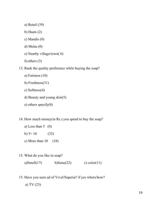 a) Retail (39)
   b) Haats (2)
   c) Mandis (0)
   d) Melas (0)
   e) Nearby village/town( 6)
   f).others (3)
13. Rank the quality preference while buying the soap?
   a) Fairness (10)
   b) Freshness(31)
   c) Softness(4)
   d) Beauty and young skin(5)
   e) others specify(0)


14. How much money(in Rs.) you spend to buy the soap?
   a) Less than 5 (0)
   b) 5> 10           (32)
   c) More than 10       (18)


15. What do you like in soap?
   a)Smell(17)               b)fume(22)    c) color(11)


15. Have you seen ad of Vivel/Superia? if yes where/how?
    a) TV (23)

                                                           19
 