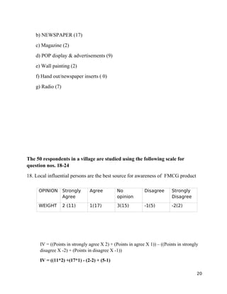 b) NEWSPAPER (17)
    c) Magazine (2)
    d) POP display & advertisements (9)
    e) Wall painting (2)
    f) Hand out/newspaper inserts ( 0)
    g) Radio (7)




The 50 respondents in a village are studied using the following scale for
question nos. 18-24
18. Local influential persons are the best source for awareness of FMCG product

     OPINION       Strongly     Agree         No             Disagree       Strongly
                   Agree                      opinion                       Disagree

     WEIGHT        2 (11)       1(17)         3(15)          -1(5)          -2(2)




      IV = ((Points in strongly agree X 2) + (Points in agree X 1)) – ((Points in strongly
      disagree X -2) + (Points in disagree X -1))

      IV = ((11*2) +(17*1) - (2-2) + (5-1)

                                                                                         20
 