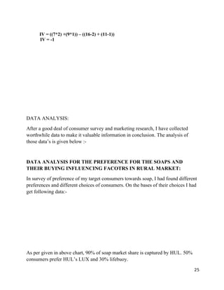 IV = ((7*2) +(9*1)) – ((16-2) + (11-1))
      IV = -1




DATA ANALYSIS:
After a good deal of consumer survey and marketing research, I have collected
worthwhile data to make it valuable information in conclusion. The analysis of
those data’s is given below :-


DATA ANALYSIS FOR THE PREFERENCE FOR THE SOAPS AND
THEIR BUYING INFLUENCING FACOTRS IN RURAL MARKET:
In survey of preference of my target consumers towards soap, I had found different
preferences and different choices of consumers. On the bases of their choices I had
get following data:-




As per given in above chart, 90% of soap market share is captured by HUL. 50%
consumers prefer HUL’s LUX and 30% lifebuoy.

                                                                                 25
 