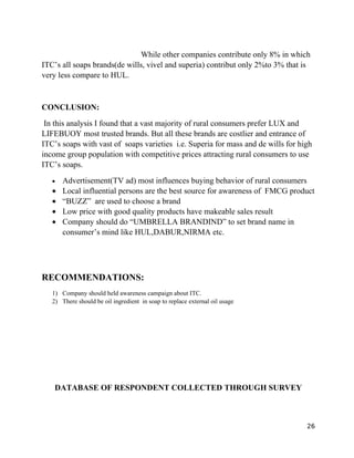 While other companies contribute only 8% in which
ITC’s all soaps brands(de wills, vivel and superia) contribut only 2%to 3% that is
very less compare to HUL.


CONCLUSION:
 In this analysis I found that a vast majority of rural consumers prefer LUX and
LIFEBUOY most trusted brands. But all these brands are costlier and entrance of
ITC’s soaps with vast of soaps varieties i.e. Superia for mass and de wills for high
income group population with competitive prices attracting rural consumers to use
ITC’s soaps.
   •   Advertisement(TV ad) most influences buying behavior of rural consumers
   •   Local influential persons are the best source for awareness of FMCG product
   •   “BUZZ” are used to choose a brand
   •   Low price with good quality products have makeable sales result
   •   Company should do “UMBRELLA BRANDIND” to set brand name in
       consumer’s mind like HUL,DABUR,NIRMA etc.




RECOMMENDATIONS:
   1) Company should held awareness campaign about ITC.
   2) There should be oil ingredient in soap to replace external oil usage




    DATABASE OF RESPONDENT COLLECTED THROUGH SURVEY



                                                                                  26
 
