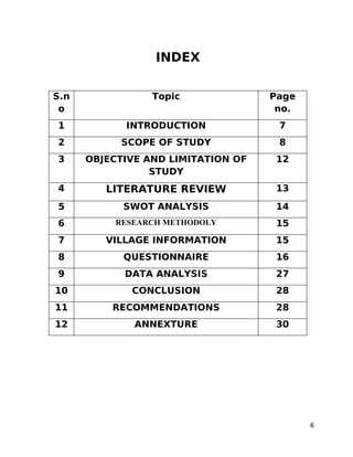 INDEX

S.n              Topic              Page
 o                                   no.
1           INTRODUCTION             7
2           SCOPE OF STUDY           8
3     OBJECTIVE AND LIMITATION OF    12
                 STUDY
4        LITERATURE REVIEW           13
5           SWOT ANALYSIS            14
6          RESEARCH METHODOLY        15
7        VILLAGE INFORMATION         15
8           QUESTIONNAIRE            16
9           DATA ANALYSIS            27
10           CONCLUSION              28
11        RECOMMENDATIONS            28
12            ANNEXTURE              30




                                           6
 