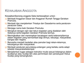 KEWAJIBAN ANGGOTA
KewajibanSeorang anggota Saka berkewajiban untuk :
a) Mentaati Anggaran Dasar dan Anggaran Rumah Tangga Gerakan
Pramuka.
b) Mentaati dan menjalankan Trisatya dan Dasadarma serta peraturan-
peraturan Saka.
c) Menjaga nama baik Gerakan Pramuka.
d) Mengikuti dengan rajin dan tekun kegiatan yang diadakan oleh
Sakanya serta kegiatan Gerakan Pramuka lainnya.
e) Meningkatkan dan menerapkan kecakapan serta keterampilannya
dalam kegiatan yang bermanfaat bagi dirinya, keluarga, masyarakat,
bangsa dan negara.
f) Berusaha menjadi tauladan atau panutan bagi rekan-rekannya,
keluarganya dan masyarakat.
g) Mentaati peraturan perundang-undangan yang berlaku serta adapt
istiadat masyarakatsetempat.
h) Menjalankan tugas sebagai instruktur muda sesuai bidangnya dalam
Gudepnya atau Gudep lain atas permintaan dan persetujuan Ketua
Gudep yang bersangkutan.
 