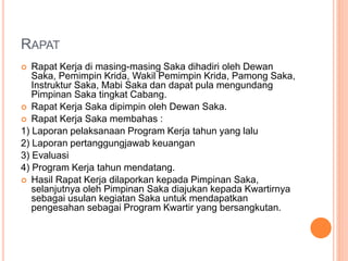 RAPAT
 Rapat Kerja di masing-masing Saka dihadiri oleh Dewan
Saka, Pemimpin Krida, Wakil Pemimpin Krida, Pamong Saka,
Instruktur Saka, Mabi Saka dan dapat pula mengundang
Pimpinan Saka tingkat Cabang.
 Rapat Kerja Saka dipimpin oleh Dewan Saka.
 Rapat Kerja Saka membahas :
1) Laporan pelaksanaan Program Kerja tahun yang lalu
2) Laporan pertanggungjawab keuangan
3) Evaluasi
4) Program Kerja tahun mendatang.
 Hasil Rapat Kerja dilaporkan kepada Pimpinan Saka,
selanjutnya oleh Pimpinan Saka diajukan kepada Kwartirnya
sebagai usulan kegiatan Saka untuk mendapatkan
pengesahan sebagai Program Kwartir yang bersangkutan.
 