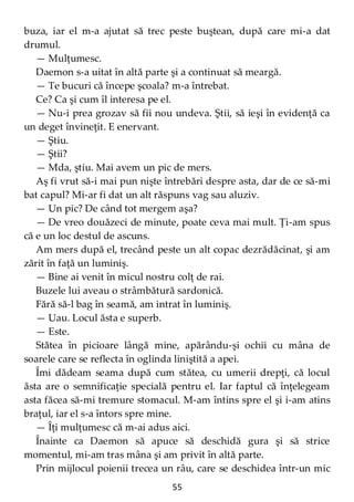 55
buza, iar el m-a ajutat să trec peste buştean, după care mi-a dat
drumul.
— Mulţumesc.
Daemon s-a uitat în altă parte şi a continuat să meargă.
— Te bucuri că începe şcoala? m-a întrebat.
Ce? Ca şi cum îl interesa pe el.
— Nu-i prea grozav să fii nou undeva. Ştii, să ieşi în evidenţă ca
un deget învineţit. E enervant.
— Ştiu.
— Ştii?
— Mda, ştiu. Mai avem un pic de mers.
Aş fi vrut să-i mai pun nişte întrebări despre asta, dar de ce să-mi
bat capul? Mi-ar fi dat un alt răspuns vag sau aluziv.
— Un pic? De când tot mergem aşa?
— De vreo douăzeci de minute, poate ceva mai mult. Ţi-am spus
că e un loc destul de ascuns.
Am mers după el, trecând peste un alt copac dezrădăcinat, şi am
zărit în faţă un luminiş.
— Bine ai venit în micul nostru colţ de rai.
Buzele lui aveau o strâmbătură sardonică.
Fără să-l bag în seamă, am intrat în luminiş.
— Uau. Locul ăsta e superb.
— Este.
Stătea în picioare lângă mine, apărându-şi ochii cu mâna de
soarele care se reflecta în oglinda liniştită a apei.
Îmi dădeam seama după cum stătea, cu umerii drepţi, că locul
ăsta are o semnificaţie specială pentru el. Iar faptul că înţelegeam
asta făcea să-mi tremure stomacul. M-am întins spre el şi i-am atins
braţul, iar el s-a întors spre mine.
— Îţi mulţumesc că m-ai adus aici.
Înainte ca Daemon să apuce să deschidă gura şi să strice
momentul, mi-am tras mâna şi am privit în altă parte.
Prin mijlocul poienii trecea un râu, care se deschidea într-un mic
 