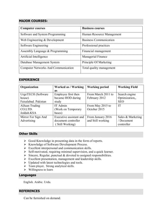 MAJOR COURSES:
Computer courses Business courses
Software and System Programming Human Resource Management
Web Engineering & Development Business Communication
Software Engineering Professional practices
Assembly Language & Programming Financial management
Artificial Intelligence Managerial Finance
Database Management System Principle Of Marketing
Computer Networks And Communication Total quality management
EXPERIENCE
Organization Worked as / Working
as
Working period Working Field
UrgeTECH (Software
house)
Faisalabad. Pakistan
Employee first then
became HOD during
study
From March 2011 to
February 2012
Search engine
Optimization,,
SEO
AlJuan Trading
CO.LTD.
Jeddah.KSA
IT Admin
(Work on Temporary
bases)
From May 2015 to
October 2015
IT
Mirror For Sign And
Advertising
Executive assistant and
document controller
( Still Working)
From January 2016
and Still working
Sales & Marketing
/ Document
controller
Other Skills
 Good Knowledge in presenting data in the form of reports.
 Knowledge of Software Development Process.
 Excellent interpersonal and communication skills.
 Self-motivated, requiring minimal supervision, and a quick learner.
 Sincere, Regular, punctual & devoted to assigned responsibilities.
 Excellent presentation, management and leadership skills.
 Updated with latest technologies and tools.
 Team player, Strong analytical skills.
 Willingness to learn
Languages
English. Arabic. Urdu.
REFERENCES
Can be furnished on demand.
 