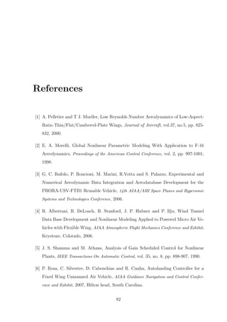 References
[1] A. Pelletier and T J. Mueller, Low Reynolds Number Aerodynamics of Low-Aspect-
Ratio Thin/Flat/Cambered-Plate Wings, Journal of Aircraft, vol.37, no.5, pp. 825-
832, 2000.
[2] E. A. Morelli, Global Nonlinear Parametric Modeling With Application to F-16
Aerodynamics, Proceedings of the American Control Conference, vol. 2, pp. 997-1001,
1998.
[3] G. C. Rufolo, P. Roncioni, M. Marini, R.Votta and S. Palazzo, Experimental and
Numerical Aerodynamic Data Integration and Aerodatabase Development for the
PRORA-USV-FTB1 Reusable Vehicle, 14th AIAA/AHI Space Planes and Hypersonic
Systems and Technologies Conference, 2006.
[4] R. Albertani, R. DeLoach, B. Stanford, J. P. Hubner and P. Ifju, Wind Tunnel
Data Base Development and Nonlinear Modeling Applied to Powered Micro Air Ve-
hicles with Flexible Wing, AIAA Atmospheric Flight Mechanics Conference and Exhibit,
Keystone, Colorado, 2006.
[5] J. S. Shamma and M. Athans, Analysis of Gain Scheduled Control for Nonlinear
Plants, IEEE Transactions On Automatic Control, vol. 35, no. 8, pp. 898-907, 1990.
[6] P. Rosa, C. Silvestre, D. Cabenchias and R. Cunha, Autolanding Controller for a
Fixed Wing Unmanned Air Vehicle, AIAA Guidance Navigation and Control Confer-
ence and Exhibit, 2007, Hilton head, South Carolina.
82
 