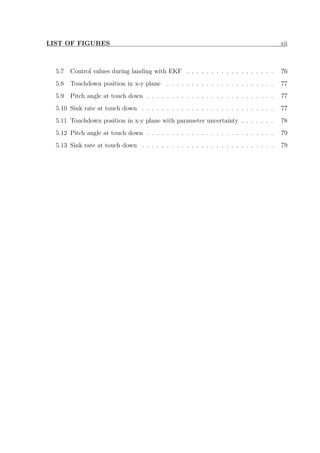 LIST OF FIGURES xii
5.7 Control values during landing with EKF . . . . . . . . . . . . . . . . . . 76
5.8 Touchdown position in x-y plane . . . . . . . . . . . . . . . . . . . . . . 77
5.9 Pitch angle at touch down . . . . . . . . . . . . . . . . . . . . . . . . . . 77
5.10 Sink rate at touch down . . . . . . . . . . . . . . . . . . . . . . . . . . . 77
5.11 Touchdown position in x-y plane with parameter uncertainty . . . . . . . 78
5.12 Pitch angle at touch down . . . . . . . . . . . . . . . . . . . . . . . . . . 79
5.13 Sink rate at touch down . . . . . . . . . . . . . . . . . . . . . . . . . . . 79
 