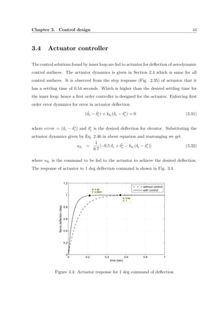 Chapter 3. Control design 44
3.4 Actuator controller
The control solutions found by inner loop are fed to actuator for deﬂection of aerodynamic
control surfaces. The actuator dynamics is given in Section 2.4 which is same for all
control surfaces. It is observed from the step response (Fig. 2.35) of actuator that it
has a settling time of 0.54 seconds. Which is higher than the desired settling time for
the inner loop, hence a ﬁrst order controller is designed for the actuator. Enforcing ﬁrst
order error dynamics for error in actuator deﬂection
( ˙δe − ˙δ∗
e ) + kδe (δe − δ∗
e ) = 0 (3.31)
where error = (δe − δ∗
e ) and δ∗
e is the desired deﬂection for elevator. Substituting the
actuator dynamics given by Eq. 2.46 in above equation and rearranging we get
uδe =
1
6.7
[−9.5 δe + ˙δ∗
e − kδe (δe − δ∗
e )] (3.32)
where uδe is the command to be fed to the actuator to achieve the desired deﬂection.
The response of actuator to 1 deg deﬂection command is shown in Fig. 3.4.
0 0.2 0.4 0.6 0.8 1
0
0.2
0.4
0.6
0.8
1
1.2
X: 0.22
Y: 0.9931
time (sec)
Servodeflection(deg)
X: 0.54
Y: 1
without control
with control
Figure 3.4: Actuator response for 1 deg command of deﬂection
 