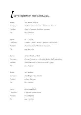 [KEY REFERENCES AND CONTACTS…
Name: Mrs. Eileen OSAFO
Company: Ecobank Ghana Limited – Sakumono Branch
Position: Branch Customer Relations Manager
Tel: 027-7409554
Name: Mrs Cynthia
Company: Ecobank Ghana Limited – Spintex Road Branch
Position: Branch Customer Relations Manager
Tel: 020-8203983
Name: Mr. Frederick ARHIN
Company: Former Secretary – Interplast Senior Staff Association
Position: Former Position – Senior Accounts Officer
Tel: 024-2629142
Name: Mrs. Bellona
Company: Rohi Engineering Limited
Position: Admin. Manager
Tel: 024-4284237
Name: Miss. Lucy Marfo
Company: Comexas Ghana Limited
Position: GCNET Clerk
Tel: 020-7385624
 