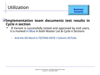 Business Process Master List (BPML) Management Guide
Version 1.0  December 2003
Utilization Business
Variants
Implementation team documents test results in
Cycle n section
 If Variant is successfully tested and approved by end users,
it is marked in Blue in both Master List & Cycle n Sections

And the OK Word in TESTING DATE / Column ACTUAL
 