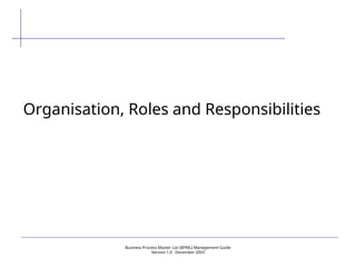 Business Process Master List (BPML) Management Guide
Version 1.0  December 2003
Organisation, Roles and Responsibilities
 