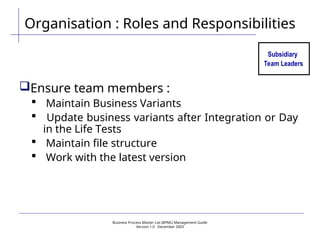 Business Process Master List (BPML) Management Guide
Version 1.0  December 2003
Organisation : Roles and Responsibilities
Subsidiary
Team Leaders
Ensure team members :
 Maintain Business Variants
 Update business variants after Integration or Day
in the Life Tests
 Maintain file structure
 Work with the latest version
 