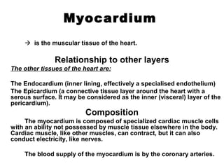 Myocardium
 is the muscular tissue of the heart.
Relationship to other layers
The other tissues of the heart are:
The Endocardium (inner lining, effectively a specialised endothelium)
The Epicardium (a connective tissue layer around the heart with a
serous surface. It may be considered as the inner (visceral) layer of the
pericardium).
Composition
The myocardium is composed of specialized cardiac muscle cells
with an ability not possessed by muscle tissue elsewhere in the body.
Cardiac muscle, like other muscles, can contract, but it can also
conduct electricity, like nerves.
The blood supply of the myocardium is by the coronary arteries.
 