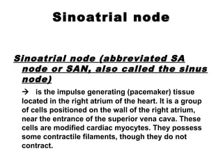 Sinoatrial node
Sinoatrial node (abbreviated SA
node or SAN, also called the sinus
node)
 is the impulse generating (pacemaker) tissue
located in the right atrium of the heart. It is a group
of cells positioned on the wall of the right atrium,
near the entrance of the superior vena cava. These
cells are modified cardiac myocytes. They possess
some contractile filaments, though they do not
contract.
 