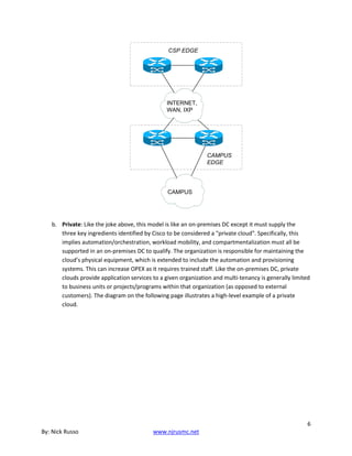 6
By: Nick Russo www.njrusmc.net
CAMPUS
EDGE
CSP EDGE
INTERNET,
WAN, IXP
CAMPUS
b. Private: Like the joke above, this model is like an on-premises DC except it must supply the
three key ingredients identified by Cisco to be considered a "private cloud". Specifically, this
implies automation/orchestration, workload mobility, and compartmentalization must all be
supported in an on-premises DC to qualify. The organization is responsible for maintaining the
cloud’s physical equipment, which is extended to include the automation and provisioning
systems. This can increase OPEX as it requires trained staff. Like the on-premises DC, private
clouds provide application services to a given organization and multi-tenancy is generally limited
to business units or projects/programs within that organization (as opposed to external
customers). The diagram on the following page illustrates a high-level example of a private
cloud.
 