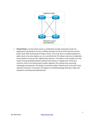 7
By: Nick Russo www.njrusmc.net
PRIVATE CLOUD
(ON-PREM DC)
CAMPUS CORE
c. Virtual Private: A virtual private cloud is a combination of public and private clouds. An
organization may decide to use this to offload some (but not all) of its DC resources into the
public cloud, while retaining some things in-house. This can be seen as a phased migration to
public cloud, or by some skeptics, as a non-committal trial. This allows a business to objectively
assess whether the cloud is the "right business decision". This option is a bit complex as it may
require moving workloads between public/private clouds on a regular basis. At the very
minimum, there is the initial private-to-public migration; this could be time consuming,
challenging, and expensive. This design is sometimes called a "hybrid cloud" and could, in fact,
represent a business’ IT end-state. The diagram on the following page illustrates a high-level
example of a virtual-private (hybrid) cloud.
 