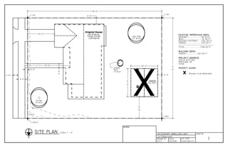 N
SITE PLAN SCALE 1" = 10'
DRAWN BY: DATE:
SHEET#:
2/5/2016D.S.S
ACCESSORY DWELLING UNIT
1
Lot [Demolition]
NOTES:
Oak Tree
>12" @ 4ft
Fir Tree
>12" @ 4ft
240.5'
241'
GARAGE
420 SQFT
Original House
5201 SE 50th Ave.
Portland, OR 97206
1,244 [sqr-ft]
EXISTING IMPERVIOUS AREA:
DRIVEWAY....................180 SQ FT
WALK...........................94 SQ FT
BUILDING FOOTPRINT.....1,244 SQ FT
GARAGE.......................420 SQ FT
-------------------------------------
TOTAL.......................1,938 SQ FT
BUILDING DEMO:
GARAGE.................420 SQ FT
PROJECT ADDRESS
5201 se 50TH AVE.
PORTLAND, OR
97206
PROPERTY LEGEND:
X Building to be Demolished
7,500 [sqr-ft]
LOT SIZE:
Japanese
Maple
>12" @ 4ft
241'
241'241'
240.5'
100'-0"
75'-0"
3'-0"
5'-0"
20'-0"
4'-0"
5'-0"
2'-0"
33'-6"
16'-2"
3'-0"
20'-0"
21'-0"
 