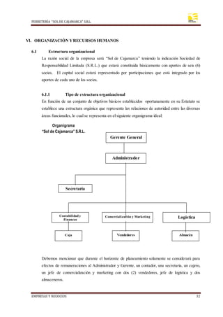FERRETERÍA “SOLDE CAJAMARCA” S.R.L.
EMPRESAS Y NEGOCIOS 32
VI. ORGANIZACIÓN YRECURSOS HUMANOS
6.1 Estructura organizacional
La razón social de la empresa será “Sol de Cajamarca” teniendo la indicación Sociedad de
Responsabilidad Limitada (S.R.L.) que estará constituida básicamente con aportes de seis (6)
socios. El capital social estará representado por participaciones que está integrado por los
aportes de cada uno de los socios.
6.1.1 Tipo de estructura organizacional
En función de un conjunto de objetivos básicos establecidos oportunamente en su Estatuto se
establece una estructura orgánica que representa las relaciones de autoridad entre las diversas
áreas funcionales, lo cual se representa en el siguiente organigrama ideal:
Debemos mencionar que durante el horizonte de planeamiento solamente se considerará para
efectos de remuneraciones al Administrador y Gerente, un contador, una secretaria, un cajero,
un jefe de comercialización y marketing con dos (2) vendedores, jefe de logística y dos
almaceneros.
Secretaría
delAdminis
Organigrama
“Sol de Cajamarca” S.R.L.
Contabilidad y
Finanzas
Comercialización y Marketing Logística
Administrador
Vendedores
Caja Almacén
Gerente General
 