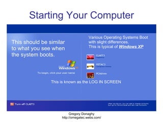 Starting Your Computer Gregory Donaghy http://omegatec.webs.com/ This should be similar to what you see when the system bo...