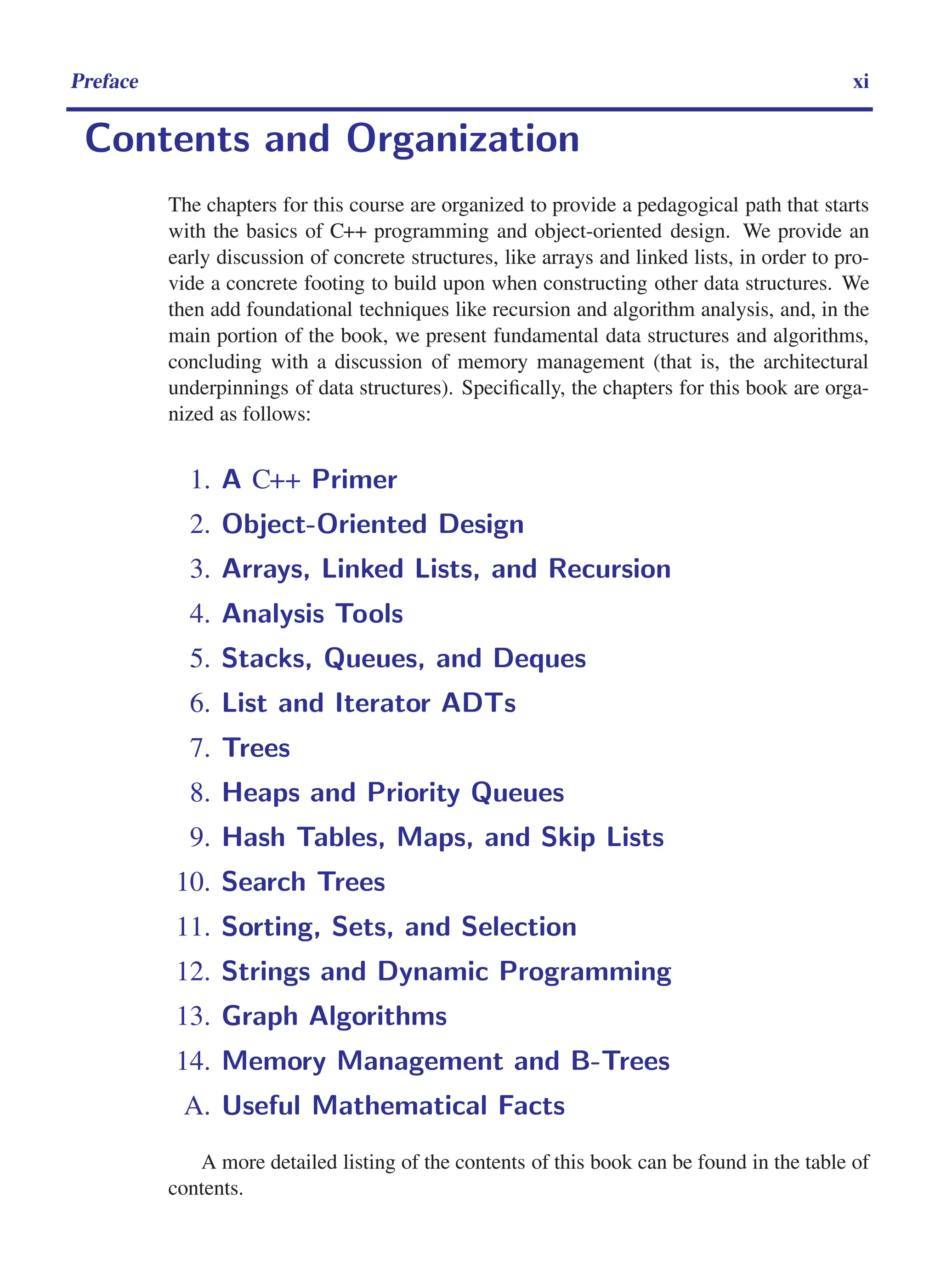 i
i
“main” — 2011/1/13 — 9:10 — page xi — #11
i
i
i
i
i
i
Preface xi
Contents and Organization
The chapters for this course are organized to provide a pedagogical path that starts
with the basics of C++ programming and object-oriented design. We provide an
early discussion of concrete structures, like arrays and linked lists, in order to pro-
vide a concrete footing to build upon when constructing other data structures. We
then add foundational techniques like recursion and algorithm analysis, and, in the
main portion of the book, we present fundamental data structures and algorithms,
concluding with a discussion of memory management (that is, the architectural
underpinnings of data structures). Specifically, the chapters for this book are orga-
nized as follows:
1. A C++ Primer
2. Object-Oriented Design
3. Arrays, Linked Lists, and Recursion
4. Analysis Tools
5. Stacks, Queues, and Deques
6. List and Iterator ADTs
7. Trees
8. Heaps and Priority Queues
9. Hash Tables, Maps, and Skip Lists
10. Search Trees
11. Sorting, Sets, and Selection
12. Strings and Dynamic Programming
13. Graph Algorithms
14. Memory Management and B-Trees
A. Useful Mathematical Facts
A more detailed listing of the contents of this book can be found in the table of
contents.
 