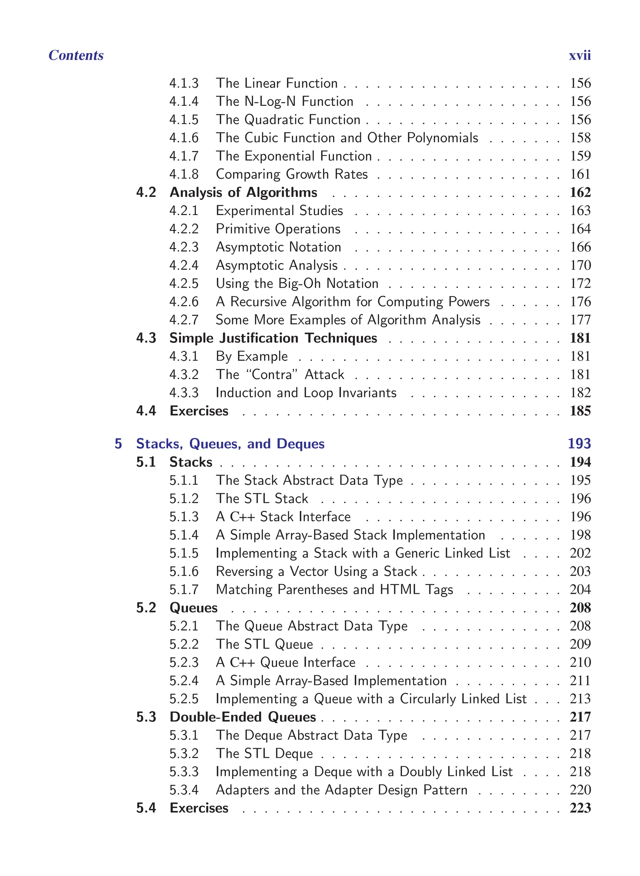 i
i
“main” — 2011/1/13 — 9:10 — page xvii — #17
i
i
i
i
i
i
Contents xvii
4.1.3 The Linear Function . . . . . . . . . . . . . . . . . . . . 156
4.1.4 The N-Log-N Function . . . . . . . . . . . . . . . . . . 156
4.1.5 The Quadratic Function . . . . . . . . . . . . . . . . . . 156
4.1.6 The Cubic Function and Other Polynomials . . . . . . . 158
4.1.7 The Exponential Function . . . . . . . . . . . . . . . . . 159
4.1.8 Comparing Growth Rates . . . . . . . . . . . . . . . . . 161
4.2 Analysis of Algorithms . . . . . . . . . . . . . . . . . . . . . 162
4.2.1 Experimental Studies . . . . . . . . . . . . . . . . . . . 163
4.2.2 Primitive Operations . . . . . . . . . . . . . . . . . . . 164
4.2.3 Asymptotic Notation . . . . . . . . . . . . . . . . . . . 166
4.2.4 Asymptotic Analysis . . . . . . . . . . . . . . . . . . . . 170
4.2.5 Using the Big-Oh Notation . . . . . . . . . . . . . . . . 172
4.2.6 A Recursive Algorithm for Computing Powers . . . . . . 176
4.2.7 Some More Examples of Algorithm Analysis . . . . . . . 177
4.3 Simple Justification Techniques . . . . . . . . . . . . . . . . 181
4.3.1 By Example . . . . . . . . . . . . . . . . . . . . . . . . 181
4.3.2 The “Contra” Attack . . . . . . . . . . . . . . . . . . . 181
4.3.3 Induction and Loop Invariants . . . . . . . . . . . . . . 182
4.4 Exercises . . . . . . . . . . . . . . . . . . . . . . . . . . . . . 185
5 Stacks, Queues, and Deques 193
5.1 Stacks . . . . . . . . . . . . . . . . . . . . . . . . . . . . . . . 194
5.1.1 The Stack Abstract Data Type . . . . . . . . . . . . . . 195
5.1.2 The STL Stack . . . . . . . . . . . . . . . . . . . . . . 196
5.1.3 A C++ Stack Interface . . . . . . . . . . . . . . . . . . 196
5.1.4 A Simple Array-Based Stack Implementation . . . . . . 198
5.1.5 Implementing a Stack with a Generic Linked List . . . . 202
5.1.6 Reversing a Vector Using a Stack . . . . . . . . . . . . . 203
5.1.7 Matching Parentheses and HTML Tags . . . . . . . . . 204
5.2 Queues . . . . . . . . . . . . . . . . . . . . . . . . . . . . . . 208
5.2.1 The Queue Abstract Data Type . . . . . . . . . . . . . 208
5.2.2 The STL Queue . . . . . . . . . . . . . . . . . . . . . . 209
5.2.3 A C++ Queue Interface . . . . . . . . . . . . . . . . . . 210
5.2.4 A Simple Array-Based Implementation . . . . . . . . . . 211
5.2.5 Implementing a Queue with a Circularly Linked List . . . 213
5.3 Double-Ended Queues . . . . . . . . . . . . . . . . . . . . . . 217
5.3.1 The Deque Abstract Data Type . . . . . . . . . . . . . 217
5.3.2 The STL Deque . . . . . . . . . . . . . . . . . . . . . . 218
5.3.3 Implementing a Deque with a Doubly Linked List . . . . 218
5.3.4 Adapters and the Adapter Design Pattern . . . . . . . . 220
5.4 Exercises . . . . . . . . . . . . . . . . . . . . . . . . . . . . . 223
 