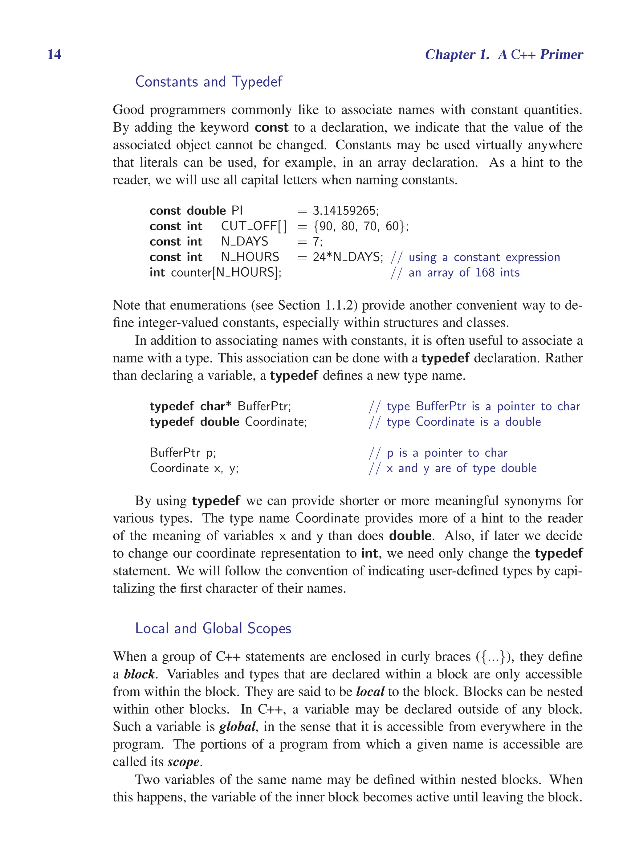 i
i
“main” — 2011/1/13 — 9:10 — page 14 — #36
i
i
i
i
i
i
14 Chapter 1. A C++ Primer
Constants and Typedef
Good programmers commonly like to associate names with constant quantities.
By adding the keyword const to a declaration, we indicate that the value of the
associated object cannot be changed. Constants may be used virtually anywhere
that literals can be used, for example, in an array declaration. As a hint to the
reader, we will use all capital letters when naming constants.
const double PI = 3.14159265;
const int CUT OFF[ ] = {90, 80, 70, 60};
const int N DAYS = 7;
const int N HOURS = 24*N DAYS; // using a constant expression
int counter[N HOURS]; // an array of 168 ints
Note that enumerations (see Section 1.1.2) provide another convenient way to de-
fine integer-valued constants, especially within structures and classes.
In addition to associating names with constants, it is often useful to associate a
name with a type. This association can be done with a typedef declaration. Rather
than declaring a variable, a typedef defines a new type name.
typedef char* BufferPtr; // type BufferPtr is a pointer to char
typedef double Coordinate; // type Coordinate is a double
BufferPtr p; // p is a pointer to char
Coordinate x, y; // x and y are of type double
By using typedef we can provide shorter or more meaningful synonyms for
various types. The type name Coordinate provides more of a hint to the reader
of the meaning of variables x and y than does double. Also, if later we decide
to change our coordinate representation to int, we need only change the typedef
statement. We will follow the convention of indicating user-defined types by capi-
talizing the first character of their names.
Local and Global Scopes
When a group of C++ statements are enclosed in curly braces ({...}), they define
a block. Variables and types that are declared within a block are only accessible
from within the block. They are said to be local to the block. Blocks can be nested
within other blocks. In C++, a variable may be declared outside of any block.
Such a variable is global, in the sense that it is accessible from everywhere in the
program. The portions of a program from which a given name is accessible are
called its scope.
Two variables of the same name may be defined within nested blocks. When
this happens, the variable of the inner block becomes active until leaving the block.
 
