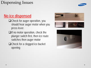 No ice dispensed
Check for auger operation, you
should hear auger motor when you
press lever.
If no motor operation, check the
plunger switch first, then ice route
switches then auger motor
Check for a clogged ice bucket
opening
Dispensing Issues
 