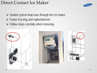 Direct Contact Ice Maker
 Sealed system loop runs through the ice maker
 Faster freezing and replenishment
 Follow steps carefully when removing
 