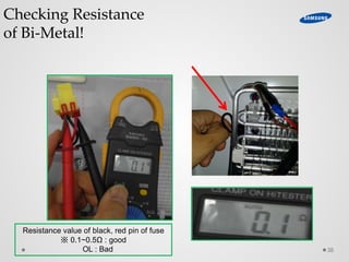 Resistance value of black, red pin of fuse
※ 0.1~0.5Ω : good
OL : Bad 38
Checking Resistance
of Bi-Metal!
 