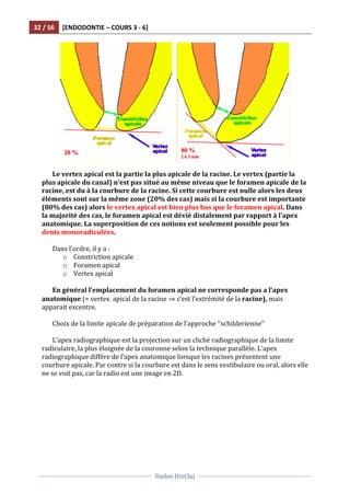 32	
  /	
  56	
   [ENDODONTIE	
  –	
  COURS	
  3	
  -­‐	
  6]	
  
	
  
	
  	
  
Dadoo	
  DinCluj	
  
	
  
	
   	
  
	
  	
  	
   	
  
	
  
Le	
  vertex	
  apical	
  est	
  la	
  partie	
  la	
  plus	
  apicale	
  de	
  la	
  racine.	
  Le	
  vertex	
  (partie	
  la	
  
plus	
  apicale	
  du	
  canal)	
  n’est	
  pas	
  situé	
  au	
  même	
  niveau	
  que	
  le	
  foramen	
  apicale	
  de	
  la	
  
racine,	
  est	
  du	
  à	
  la	
  courbure	
  de	
  la	
  racine.	
  Si	
  cette	
  courbure	
  est	
  nulle	
  alors	
  les	
  deux	
  
éléments	
  sont	
  sur	
  la	
  même	
  zone	
  (20%	
  des	
  cas)	
  mais	
  si	
  la	
  courbure	
  est	
  importante	
  
(80%	
  des	
  cas)	
  alors	
  le	
  vertex	
  apical	
  est	
  bien	
  plus	
  bas	
  que	
  le	
  foramen	
  apical.	
  Dans	
  
la	
  majorité	
  des	
  cas,	
  le	
  foramen	
  apical	
  est	
  dévié	
  distalement	
  par	
  rapport	
  à	
  l’apex	
  
anatomique.	
  La	
  superposition	
  de	
  ces	
  notions	
  est	
  seulement	
  possible	
  pour	
  les	
  
dents	
  monoradiculées.	
  
	
  
Dans	
  l’ordre,	
  il	
  y	
  a	
  :	
  	
  
o Constriction	
  apicale	
  
o Foramen	
  apical	
  
o Vertex	
  apical	
  
	
  
En	
  général	
  l’emplacement	
  du	
  foramen	
  apical	
  ne	
  corresponde	
  pas	
  a	
  l’apex	
  
anatomique	
  (=	
  vertex	
  	
  apical	
  de	
  la	
  racine	
  ⇒	
  c’est	
  l’extrémité	
  de	
  la	
  racine),	
  mais	
  
apparait	
  excentre.	
  	
  
	
  
Choix	
  de	
  la	
  limite	
  apicale	
  de	
  préparation	
  de	
  l’approche	
  ‘’schilderienne’’	
  
	
  
L’apex	
  radiographique	
  est	
  la	
  projection	
  sur	
  un	
  cliché	
  radiographique	
  de	
  la	
  limite	
  
radiculaire,	
  la	
  plus	
  éloignée	
  de	
  la	
  couronne	
  selon	
  la	
  technique	
  parallèle.	
  L’apex	
  
radiographique	
  diffère	
  de	
  l’apex	
  anatomique	
  lorsque	
  les	
  racines	
  présentent	
  une	
  
courbure	
  apicale.	
  Par	
  contre	
  si	
  la	
  courbure	
  est	
  dans	
  le	
  sens	
  vestibulaire	
  ou	
  oral,	
  alors	
  elle	
  
ne	
  se	
  voit	
  pas,	
  car	
  la	
  radio	
  est	
  une	
  image	
  en	
  2D.	
  	
  
	
  
 