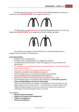 [ENDODONTIE	
  –	
  COURS	
  3	
  -­‐	
  6]	
   35	
  	
  /	
  56	
  
	
  
	
  	
  
Dadoo	
  DinCluj	
  
	
  
	
   	
  
	
  
SI	
  l’instrument	
  K15	
  est	
  entre	
  1	
  et	
  2	
  mm	
  de	
  l’Apex	
  Radiographique	
  au	
  dessus	
  ou	
  
en	
  dessous	
  alors	
  REAJUSTEMENT	
  	
  de	
  la	
  longueur	
  de	
  travail.	
  	
  
	
  
	
  
	
  
	
   Si	
  l’instrument	
  est	
  à	
  plus	
  de	
  2	
  mm	
  de	
  l’Apex	
  Radiographique	
  (trop	
  court	
  ou	
  trop	
  
long)	
  alors	
  REAJUSTEMENT	
  de	
  la	
  longueur	
  de	
  travail	
  et	
  refaire	
  un	
  cliché.	
  	
  
	
  
	
  
	
  
	
  
Une	
  radio	
  est	
  une	
  image	
  en	
  deux	
  dimensions,	
  on	
  a	
  besoin	
  de	
  déterminer	
  la	
  
longueur	
  de	
  travail	
  dans	
  les	
  3	
  dimensions.	
  
	
  
Les	
  inconvénients	
  :	
  
• Subjectivité	
  de	
  l’interprétation	
  
• Problèmes	
  liés	
  au	
  développement	
  ou	
  réglage	
  du	
  contraste	
  
• Les	
  phénomènes	
  de	
  distorsion,	
  à	
  l’aide	
  des	
  angulateurs,	
  on	
  peut	
  éliminer	
  ces	
  
phénomènes.	
  	
  
• Les	
  superpositions	
  anatomiques	
  (processus	
  zygomatique	
  et	
  canalaire),	
  obligation	
  
d’une	
  radio	
  excentrée.	
  	
  
• Projection	
  sur	
  un	
  plan	
  d’une	
  image	
  tridimensionnelle	
  
• Propriétés	
  cumulatives	
  des	
  Radiations	
  ionisantes	
  
• Perte	
  de	
  temps	
  mais	
  avec	
  une	
  radio	
  numérique,	
  gain	
  de	
  temps.	
  
• Pas	
  de	
  localisation	
  de	
  la	
  constriction	
  sur	
  la	
  radio	
  !!!!	
  
• Ajustement	
  arbitraire	
  en	
  fonction	
  du	
  foramen	
  apical,	
  de	
  0,5	
  -­‐	
  1mm	
  
• L’inconvénient	
  majeur	
  est	
  seulement	
  dans	
  20%	
  des	
  cas,	
  le	
  foramen	
  apical	
  et	
  
l’apex	
  radiographique	
  sont	
  dans	
  le	
  même	
  plan.	
  	
  
Souvent	
  la	
  racine	
  palatin	
  est	
  courbée	
  en	
  vestibulaire,	
  on	
  fait	
  une	
  radio,	
  on	
  voit	
  
l’apex	
  radio	
  se	
  trouve	
  à	
  moins	
  de	
  0,5	
  –	
  1	
  mm	
  de	
  l’entrée	
  coronaire.	
  Alors	
  qu’en	
  
réalité	
  le	
  foramen	
  apicale	
  se	
  trouve	
  au	
  niveau	
  de	
  la	
  racine	
  mais	
  courbée	
  en	
  
vestibulaire.	
  Voici	
  l’inconvénient	
  d’une	
  vue	
  en	
  2D.	
  
	
  
Les	
  solutions	
  :	
  	
  
• Moyens	
  de	
  grossissement	
  
• Respect	
  des	
  temps	
  de	
  développement	
  
• Utiliser	
  un	
  angulateur	
  
• Varier	
  les	
  incidences	
  
 