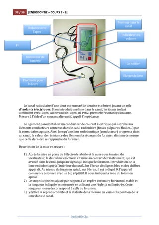 38	
  /	
  56	
   [ENDODONTIE	
  –	
  COURS	
  3	
  -­‐	
  6]	
  
	
  
	
  	
  
Dadoo	
  DinCluj	
  
	
  
	
   	
  
	
  
	
  
	
  
Le	
  canal	
  radiculaire	
  d’une	
  dent	
  est	
  entouré	
  de	
  dentine	
  et	
  cément	
  jouant	
  un	
  rôle	
  
d’isolants	
  électriques.	
  Si	
  on	
  introduit	
  une	
  lime	
  dans	
  le	
  canal,	
  les	
  tissus	
  isolant	
  
diminuent	
  vers	
  l’apex.	
  Au	
  niveau	
  de	
  l’apex,	
  en	
  1962,	
  première	
  résistance	
  canalaire.	
  
Mesure	
  à	
  l’aide	
  d’un	
  courant	
  alternatif,	
  appelé	
  l’impédance.	
  
	
  
Le	
  ligament	
  parodontal	
  est	
  un	
  conducteur	
  de	
  courant	
  électrique	
  qui	
  est	
  relié	
  aux	
  
éléments	
  conducteurs	
  contenus	
  dans	
  le	
  canal	
  radiculaire	
  (tissus	
  pulpaires,	
  fluides,..)	
  par	
  
la	
  constriction	
  apicale.	
  Ainsi	
  lorsqu’une	
  lime	
  endodontique	
  (conducteur)	
  progresse	
  dans	
  
un	
  canal,	
  la	
  valeur	
  de	
  résistance	
  des	
  éléments	
  la	
  séparant	
  du	
  foramen	
  diminue	
  à	
  mesure	
  
que	
  cette	
  dernière	
  se	
  rapproche	
  du	
  foramen.	
  
	
  
Description	
  de	
  la	
  mise	
  en	
  œuvre	
  :	
  
	
  
1) Après	
  la	
  mise	
  en	
  place	
  de	
  l’électrode	
  labiale	
  et	
  la	
  mise	
  sous	
  tension	
  du	
  
localisateur,	
  la	
  deuxième	
  électrode	
  est	
  mise	
  au	
  contact	
  de	
  l’instrument,	
  qui	
  est	
  
avancé	
  dans	
  le	
  canal	
  jusqu’au	
  signal	
  qui	
  indique	
  le	
  foramen.	
  Introduction	
  de	
  la	
  
lime	
  endodontique	
  à	
  l’intérieur	
  du	
  canal.	
  Sur	
  l’écran	
  des	
  lignes	
  bleu	
  et	
  des	
  chiffres	
  
apparaît.	
  Au	
  niveau	
  du	
  foramen	
  apical,	
  sur	
  l’écran,	
  il	
  est	
  indiqué	
  0,	
  l’appareil	
  
commence	
  à	
  sonner	
  avec	
  un	
  bip	
  répétitif.	
  Il	
  nous	
  indique	
  la	
  zone	
  du	
  foramen	
  
apical.	
  	
  
2) Le	
  stop	
  silicone	
  est	
  ajusté	
  par	
  rapport	
  à	
  un	
  repère	
  coronaire	
  horizontal	
  stable	
  et	
  
la	
  longueur	
  indiquée	
  est	
  mesurée	
  en	
  utilisant	
  une	
  réglette	
  millimétrée.	
  Cette	
  
longueur	
  mesurée	
  correspond	
  à	
  celle	
  du	
  foramen.	
  
3) Vérifier	
  la	
  reproductibilité	
  et	
  la	
  stabilité	
  de	
  la	
  mesure	
  en	
  variant	
  la	
  position	
  de	
  la	
  
lime	
  dans	
  le	
  canal.	
  	
  
Position	
  dans	
  le	
  
canal	
  
Le	
  boitier	
  
Indicateur	
  du	
  
volume	
  
Electrode	
  lime	
  
Distance	
  avec	
  
l’apex	
  
Fil	
  
Indicateur	
  de	
  
batterie	
  
Electrode	
  pour	
  
la	
  lèvre	
  
 