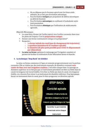 [ENDODONTIE	
  –	
  COURS	
  3	
  -­‐	
  6]	
   41	
  	
  /	
  56	
  
	
  
	
  	
  
Dadoo	
  DinCluj	
  
	
  
	
   	
  
o On	
  ne	
  dépasse	
  pas	
  le	
  foramen	
  apical	
  avec	
  les	
  limes	
  endo	
  
utilisées,	
  de	
  ce	
  fait,	
  pas	
  d’irritation	
  mécanique.	
  
o Pas	
  d’irritation	
  toxique	
  par	
  propulsion	
  de	
  débris	
  nécrotiques	
  
au	
  delà	
  du	
  foramen	
  	
  
o Pas	
  d’irritation	
  mécanique	
  en	
  confinant	
  à	
  l’endodonte	
  notre	
  
instrumentation	
  	
  
o Pas	
  d’irritation	
  chimique	
  par	
  l’utilisation	
  de	
  médicaments	
  
agressifs.	
  
	
  
Objectifs	
  Mécaniques	
  
• Le	
  canal	
  doit	
  s’évaser	
  de	
  l’orifice	
  apical,	
  vers	
  l’orifice	
  coronaire	
  dans	
  tous	
  
les	
  plans	
  de	
  l’espace.	
  C’est	
  la	
  préparation	
  conique.	
  	
  
• Donner	
  une	
  forme	
  continument	
  conique	
  à	
  la	
  préparation*	
  
• Respecter	
  :	
  
o La	
  forme	
  initiale	
  du	
  canal	
  (pas	
  de	
  changement	
  de	
  trajectoire)	
  
o La	
  position	
  (maintien	
  de	
  la	
  courbure	
  apicale)	
  
o Le	
  diamètre	
  (le	
  plus	
  petit	
  possible	
  pour	
  éviter	
  le	
  dépassement	
  
par	
  obturation)	
  
• La	
  mise	
  en	
  forme	
  optimise	
  le	
  nettoyage	
  par	
  l’irrigation	
  canalaire	
  et	
  
permet	
  de	
  faciliter	
  la	
  réalisation	
  d’une	
  obturation	
  dense	
  et	
  étanche.	
  
	
  
1. La	
  technique	
  "Step	
  Back"	
  de	
  Schilder	
  	
  	
  
	
  
La	
  mise	
  en	
  forme	
  commence	
  à	
  l'apex	
  et	
  remonte	
  progressivement	
  vers	
  la	
  portion	
  
coronaire.	
  Elle	
  se	
  réalise	
  par	
  des	
  instruments	
  manuels,	
  de	
  diamètre	
  croissant	
  sans	
  
sauter	
  de	
  lime	
  avec	
  une	
  irrigation	
  continue,	
  2	
  ml	
  entre	
  chaque	
  lime.	
  Le	
  passage	
  au	
  
diamètre	
  supérieur	
  ne	
  se	
  fait	
  pas	
  que	
  si	
  l’instrument	
  précédent	
  est	
  libre	
  ou	
  flotte	
  dans	
  le	
  
canal	
  à	
  la	
  longueur	
  de	
  travail	
  établie.	
  Si	
  la	
  lime	
  ne	
  flotte	
  pas	
  dans	
  le	
  canal,	
  à	
  la	
  longueur	
  
établie,	
  on	
  a	
  besoin	
  d’un	
  retour	
  à	
  un	
  instrument	
  de	
  diamètre	
  inférieur.	
  Il	
  ne	
  faut	
  jamais	
  
forcer	
  un	
  instrument	
  dans	
  le	
  canal,	
  pour	
  le	
  faire	
  progresser	
  en	
  direction	
  apicale.	
  
	
  
	
  
	
  
 