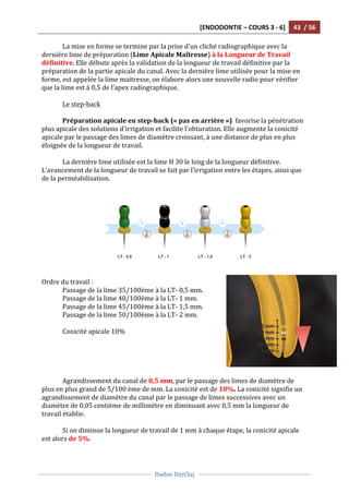 [ENDODONTIE	
  –	
  COURS	
  3	
  -­‐	
  6]	
   43	
  	
  /	
  56	
  
	
  
	
  	
  
Dadoo	
  DinCluj	
  
	
  
	
   	
  
La	
  mise	
  en	
  forme	
  se	
  termine	
  par	
  la	
  prise	
  d'un	
  cliché	
  radiographique	
  avec	
  la	
  
dernière	
  lime	
  de	
  préparation	
  (Lime	
  Apicale	
  Maîtresse)	
  à	
  la	
  Longueur	
  de	
  Travail	
  
définitive.	
  Elle	
  débute	
  après	
  la	
  validation	
  de	
  la	
  longueur	
  de	
  travail	
  définitive	
  par	
  la	
  
préparation	
  de	
  la	
  partie	
  apicale	
  du	
  canal.	
  Avec	
  la	
  dernière	
  lime	
  utilisée	
  pour	
  la	
  mise	
  en	
  
forme,	
  est	
  appelée	
  la	
  lime	
  maitresse,	
  on	
  élabore	
  alors	
  une	
  nouvelle	
  radio	
  pour	
  vérifier	
  
que	
  la	
  lime	
  est	
  à	
  0,5	
  de	
  l’apex	
  radiographique.	
  
	
  
Le	
  step-­‐back	
  
	
  
Préparation	
  apicale	
  en	
  step-­‐back	
  («	
  pas	
  en	
  arrière	
  »)	
  	
  favorise	
  la	
  pénétration	
  
plus	
  apicale	
  des	
  solutions	
  d'irrigation	
  et	
  facilite	
  l'obturation.	
  Elle	
  augmente	
  la	
  conicité	
  
apicale	
  par	
  le	
  passage	
  des	
  limes	
  de	
  diamètre	
  croissant,	
  à	
  une	
  distance	
  de	
  plus	
  en	
  plus	
  
éloignée	
  de	
  la	
  longueur	
  de	
  travail.	
  	
  
	
  
La	
  dernière	
  lime	
  utilisée	
  est	
  la	
  lime	
  H	
  30	
  le	
  long	
  de	
  la	
  longueur	
  définitive.	
  
L’avancement	
  de	
  la	
  longueur	
  de	
  travail	
  se	
  fait	
  par	
  l’irrigation	
  entre	
  les	
  étapes,	
  ainsi	
  que	
  
de	
  la	
  perméabilisation.	
  	
  
	
  
	
  
	
  
Ordre	
  du	
  travail	
  :	
  
Passage	
  de	
  la	
  lime	
  35/100ème	
  à	
  la	
  LT-­‐	
  0,5	
  mm.	
  
Passage	
  de	
  la	
  lime	
  40/100ème	
  à	
  la	
  LT-­‐	
  1	
  mm.	
  
Passage	
  de	
  la	
  lime	
  45/100ème	
  à	
  la	
  LT-­‐	
  1,5	
  mm.	
  
Passage	
  de	
  la	
  lime	
  50/100ème	
  à	
  la	
  LT-­‐	
  2	
  mm.	
  
	
  
Conicité	
  apicale	
  10%	
  
	
  
	
  
	
  
	
  
	
  
	
   Agrandissement	
  du	
  canal	
  de	
  0,5	
  mm,	
  par	
  le	
  passage	
  des	
  limes	
  de	
  diamètre	
  de	
  
plus	
  en	
  plus	
  grand	
  de	
  5/100	
  ème	
  de	
  mm.	
  La	
  conicité	
  est	
  de	
  10%.	
  La	
  conicité	
  signifie	
  un	
  
agrandissement	
  de	
  diamètre	
  du	
  canal	
  par	
  le	
  passage	
  de	
  limes	
  successives	
  avec	
  un	
  
diamètre	
  de	
  0,05	
  centième	
  de	
  millimètre	
  en	
  diminuant	
  avec	
  0,5	
  mm	
  la	
  longueur	
  de	
  
travail	
  établie.	
  	
  
	
  
	
   Si	
  on	
  diminue	
  la	
  longueur	
  de	
  travail	
  de	
  1	
  mm	
  à	
  chaque	
  étape,	
  la	
  conicité	
  apicale	
  
est	
  alors	
  de	
  5%.	
  	
  
	
  
 