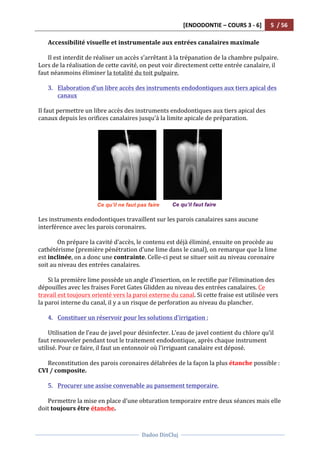 [ENDODONTIE	
  –	
  COURS	
  3	
  -­‐	
  6]	
   5	
  	
  /	
  56	
  
	
  
	
  	
  
Dadoo	
  DinCluj	
  
	
  
	
   	
  
Accessibilité	
  visuelle	
  et	
  instrumentale	
  aux	
  entrées	
  canalaires	
  maximale	
  
	
  
Il	
  est	
  interdit	
  de	
  réaliser	
  un	
  accès	
  s’arrêtant	
  à	
  la	
  trépanation	
  de	
  la	
  chambre	
  pulpaire.	
  
Lors	
  de	
  la	
  réalisation	
  de	
  cette	
  cavité,	
  on	
  peut	
  voir	
  directement	
  cette	
  entrée	
  canalaire,	
  il	
  
faut	
  néanmoins	
  éliminer	
  la	
  totalité	
  du	
  toit	
  pulpaire.	
  
	
  
3. Elaboration	
  d’un	
  libre	
  accès	
  des	
  instruments	
  endodontiques	
  aux	
  tiers	
  apical	
  des	
  
canaux	
  
	
  
Il	
  faut	
  permettre	
  un	
  libre	
  accès	
  des	
  instruments	
  endodontiques	
  aux	
  tiers	
  apical	
  des	
  
canaux	
  depuis	
  les	
  orifices	
  canalaires	
  jusqu'à	
  la	
  limite	
  apicale	
  de	
  préparation.	
  
	
  
	
  	
  	
  	
  	
   	
  
	
  
	
  
Les	
  instruments	
  endodontiques	
  travaillent	
  sur	
  les	
  parois	
  canalaires	
  sans	
  aucune	
  
interférence	
  avec	
  les	
  parois	
  coronaires.	
  	
  
	
  
On	
  prépare	
  la	
  cavité	
  d’accès,	
  le	
  contenu	
  est	
  déjà	
  éliminé,	
  ensuite	
  on	
  procède	
  au	
  
cathétérisme	
  (première	
  pénétration	
  d’une	
  lime	
  dans	
  le	
  canal),	
  on	
  remarque	
  que	
  la	
  lime	
  
est	
  inclinée,	
  on	
  a	
  donc	
  une	
  contrainte.	
  Celle-­‐ci	
  peut	
  se	
  situer	
  soit	
  au	
  niveau	
  coronaire	
  
soit	
  au	
  niveau	
  des	
  entrées	
  canalaires.	
  
	
  
Si	
  la	
  première	
  lime	
  possède	
  un	
  angle	
  d’insertion,	
  on	
  le	
  rectifie	
  par	
  l’élimination	
  des	
  
dépouilles	
  avec	
  les	
  fraises	
  Foret	
  Gates	
  Glidden	
  au	
  niveau	
  des	
  entrées	
  canalaires.	
  Ce	
  
travail	
  est	
  toujours	
  orienté	
  vers	
  la	
  paroi	
  externe	
  du	
  canal.	
  Si	
  cette	
  fraise	
  est	
  utilisée	
  vers	
  
la	
  paroi	
  interne	
  du	
  canal,	
  il	
  y	
  a	
  un	
  risque	
  de	
  perforation	
  au	
  niveau	
  du	
  plancher.	
  
	
  
4. Constituer	
  un	
  réservoir	
  pour	
  les	
  solutions	
  d'irrigation	
  :	
  
	
  
Utilisation	
  de	
  l’eau	
  de	
  javel	
  pour	
  désinfecter.	
  L’eau	
  de	
  javel	
  contient	
  du	
  chlore	
  qu’il	
  
faut	
  renouveler	
  pendant	
  tout	
  le	
  traitement	
  endodontique,	
  après	
  chaque	
  instrument	
  
utilisé.	
  Pour	
  ce	
  faire,	
  il	
  faut	
  un	
  entonnoir	
  où	
  l’irriguant	
  canalaire	
  est	
  déposé.	
  	
  
	
  
Reconstitution	
  des	
  parois	
  coronaires	
  délabrées	
  de	
  la	
  façon	
  la	
  plus	
  étanche	
  possible	
  :	
  
CVI	
  /	
  composite.	
  	
  
	
  
5. Procurer	
  une	
  assise	
  convenable	
  au	
  pansement	
  temporaire.	
  
	
  
Permettre	
  la	
  mise	
  en	
  place	
  d'une	
  obturation	
  temporaire	
  entre	
  deux	
  séances	
  mais	
  elle	
  
doit	
  toujours	
  être	
  étanche.	
  	
  
Ce qu’il ne faut pas faire Ce qu’il faut faire
 